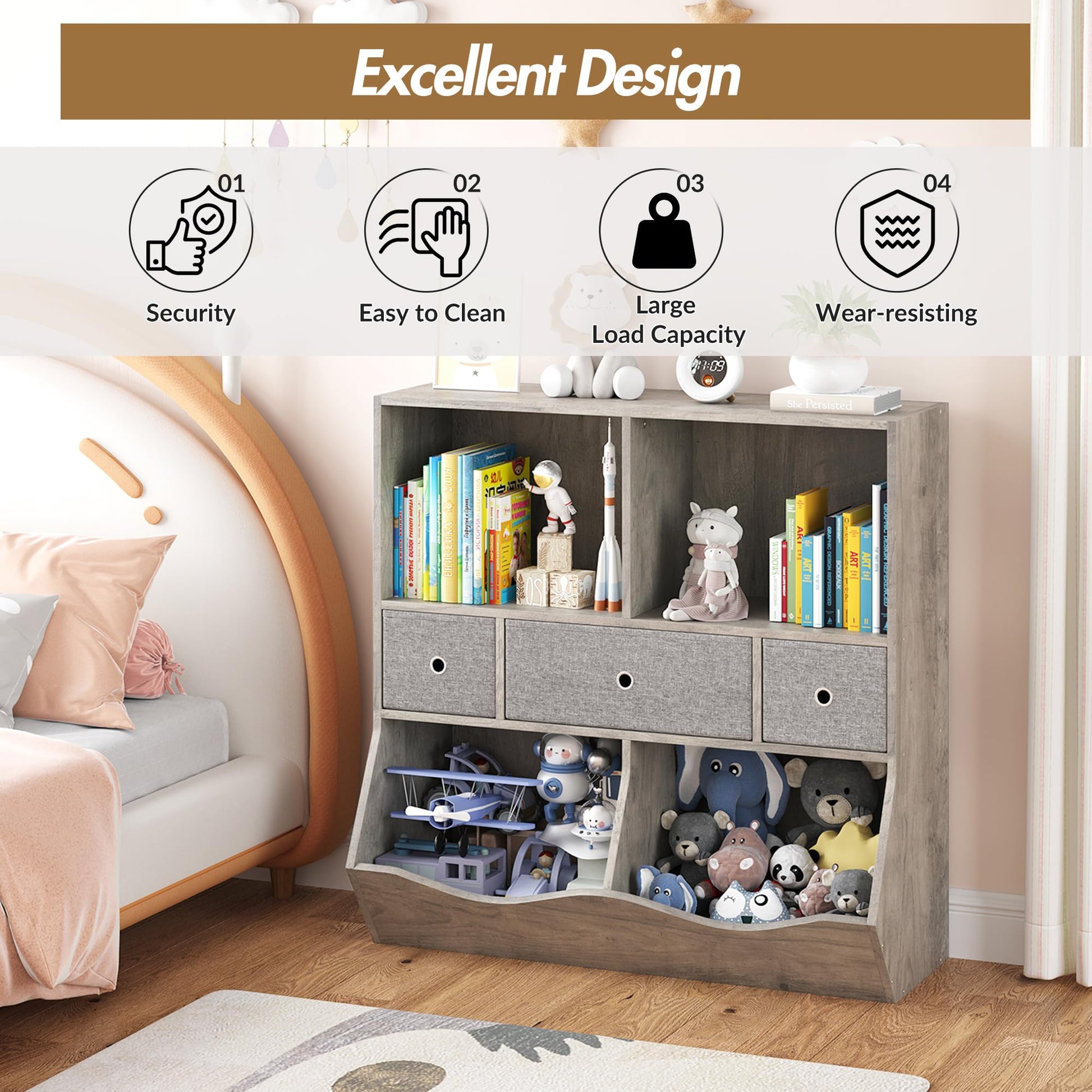 Grand meuble de rangement pour jouets Garvee à 7 compartiments et 3 tiroirs, idéal pour la salle de jeux et le couloir, gris, 93 cm (L) x 39 cm (l) x 93 cm (H)
