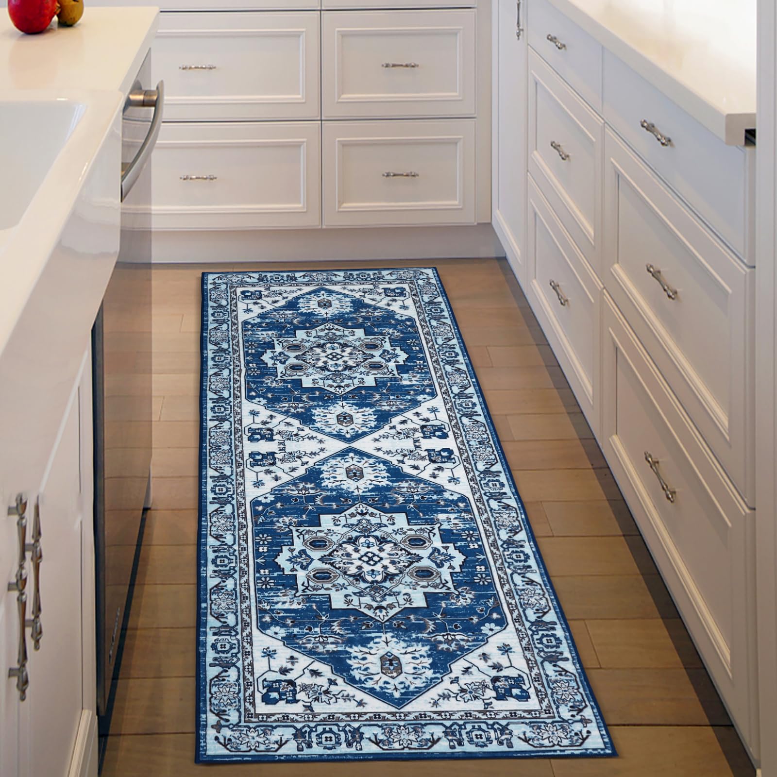Tapis de couloir oriental vintage Garvee, antidérapant, lavable, polyester, 60 x 230 cm, bleu marine, pour couloir, salon, cuisine