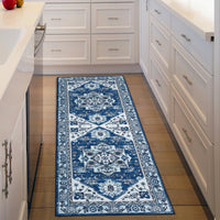 Tapis de couloir oriental vintage Garvee, antidérapant, lavable, polyester, 60 x 230 cm, bleu marine, pour couloir, salon, cuisine
