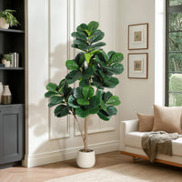 Ficus lyrata artificiel Garvee de 1,5 m avec pot blanc pour la décoration du salon, PVC+PE, base stable en ciment, 77 feuilles réalistes