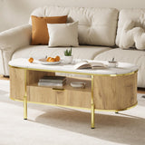 Garvee table basse ovale 122 cm en chêne naturel avec plateau effet marbre, pieds en métal doré, tiroir rangement pour salon moderne, design flûté courbé - Chêne naturel
