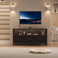 Garvee Meuble TV 140 cm avec 3 tiroirs, structure en MDF et métal robuste, idéal pour le salon et la chambre, pieds réglables, compact, marron
