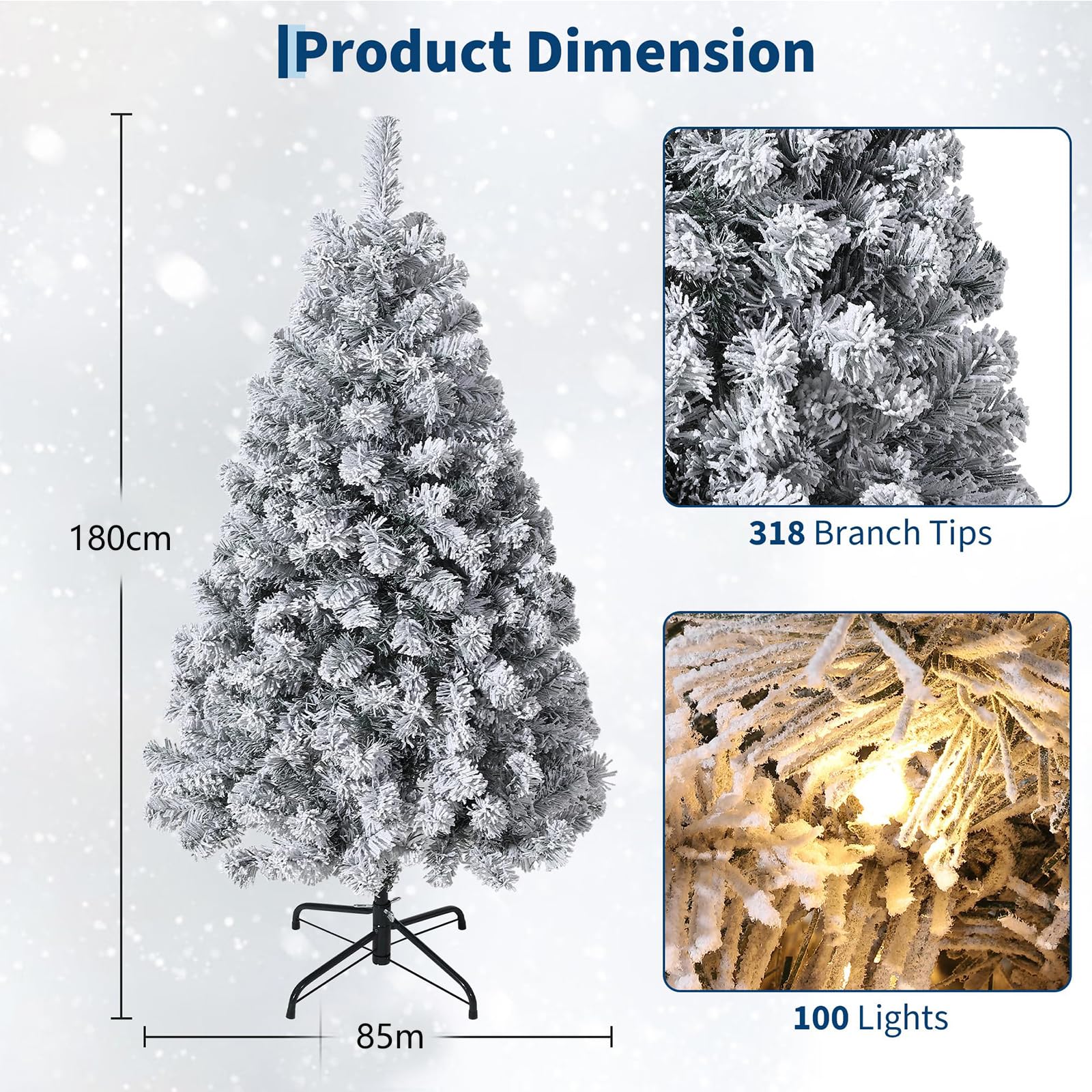 Sapin de Noël artificiel Garvee de 180 cm avec 250 LED, branches en PE/PVC, idéal pour un salon standard et un éclairage festif.