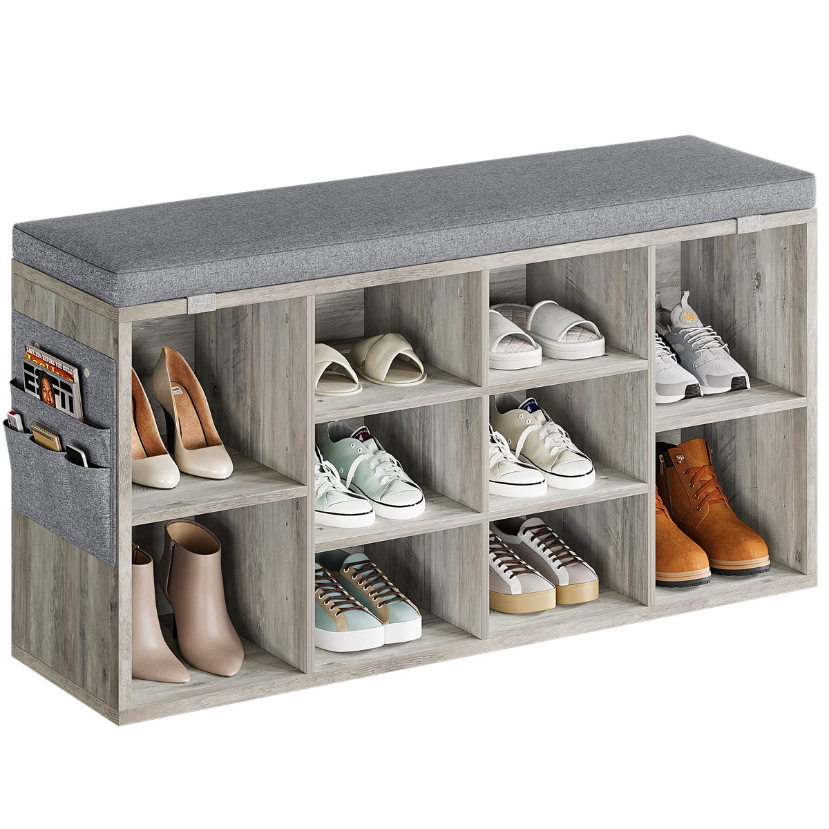 Banc à chaussures Garvee avec revêtement, réglable sur 3 niveaux, 10 compartiments, en bois aggloméré, 104 cm (41 pouces), pour couloir et chambre.