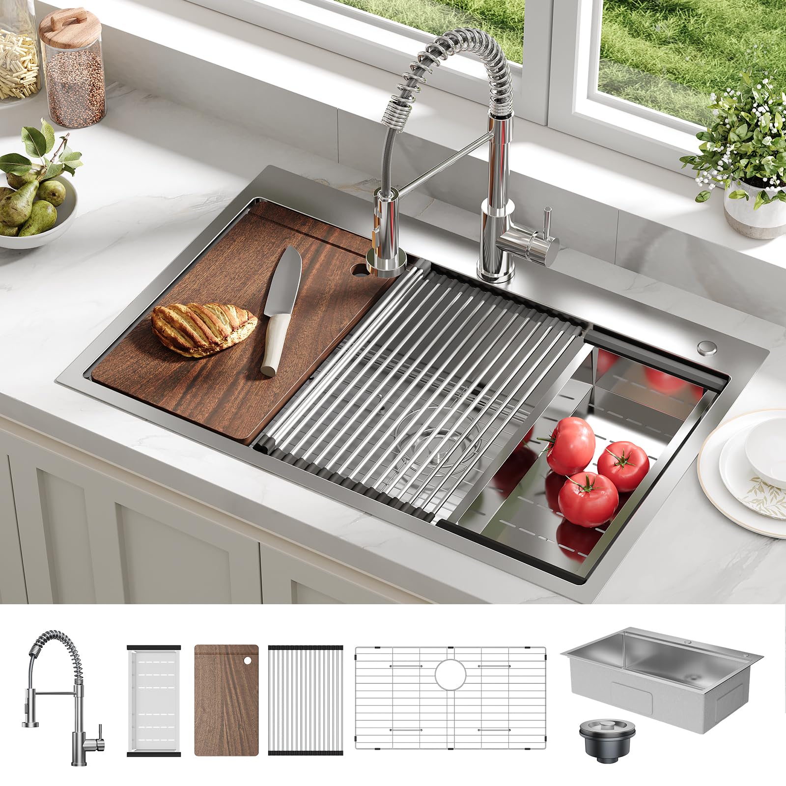 Évier encastrable Garvee en acier inoxydable argenté, 1 cuve (83,8 x 55,9 x 22,9 cm) – Avec planche à découper et accessoires pour plan de travail.