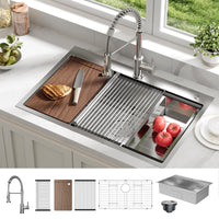Évier encastrable Garvee en acier inoxydable argenté, 1 cuve (83,8 x 55,9 x 22,9 cm) – Avec planche à découper et accessoires pour plan de travail.