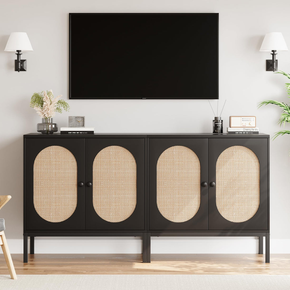 Buffet Garvee en rotin tressé à la main, avec portes et étagères, en MDF noir, idéal pour le salon et la salle à manger, 80 x 40 x 83 cm, noir.
