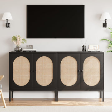 Garvee buffet en rotin tressé à la main, avec portes et étagères, en MDF noir, pour le salon et la salle à manger, 80 × 40 × 83 cm, noir