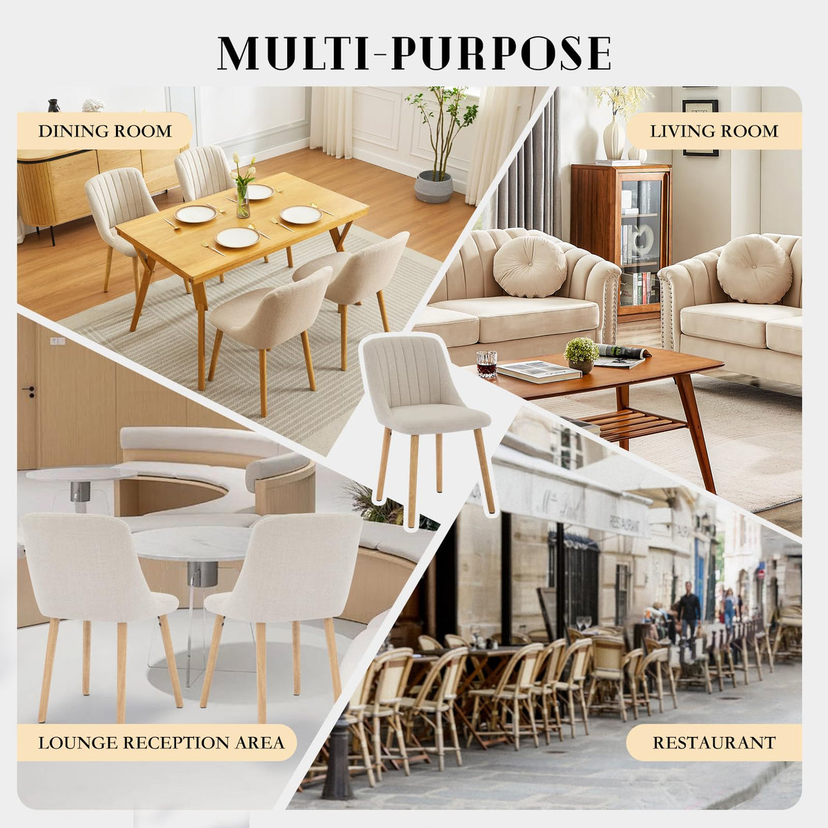 Ensemble de 2 chaises de salle à manger Garvee, revêtement en tissu, dossier ergonomique, grand confort, bois de chêne, blanc cassé, salle à manger moderne