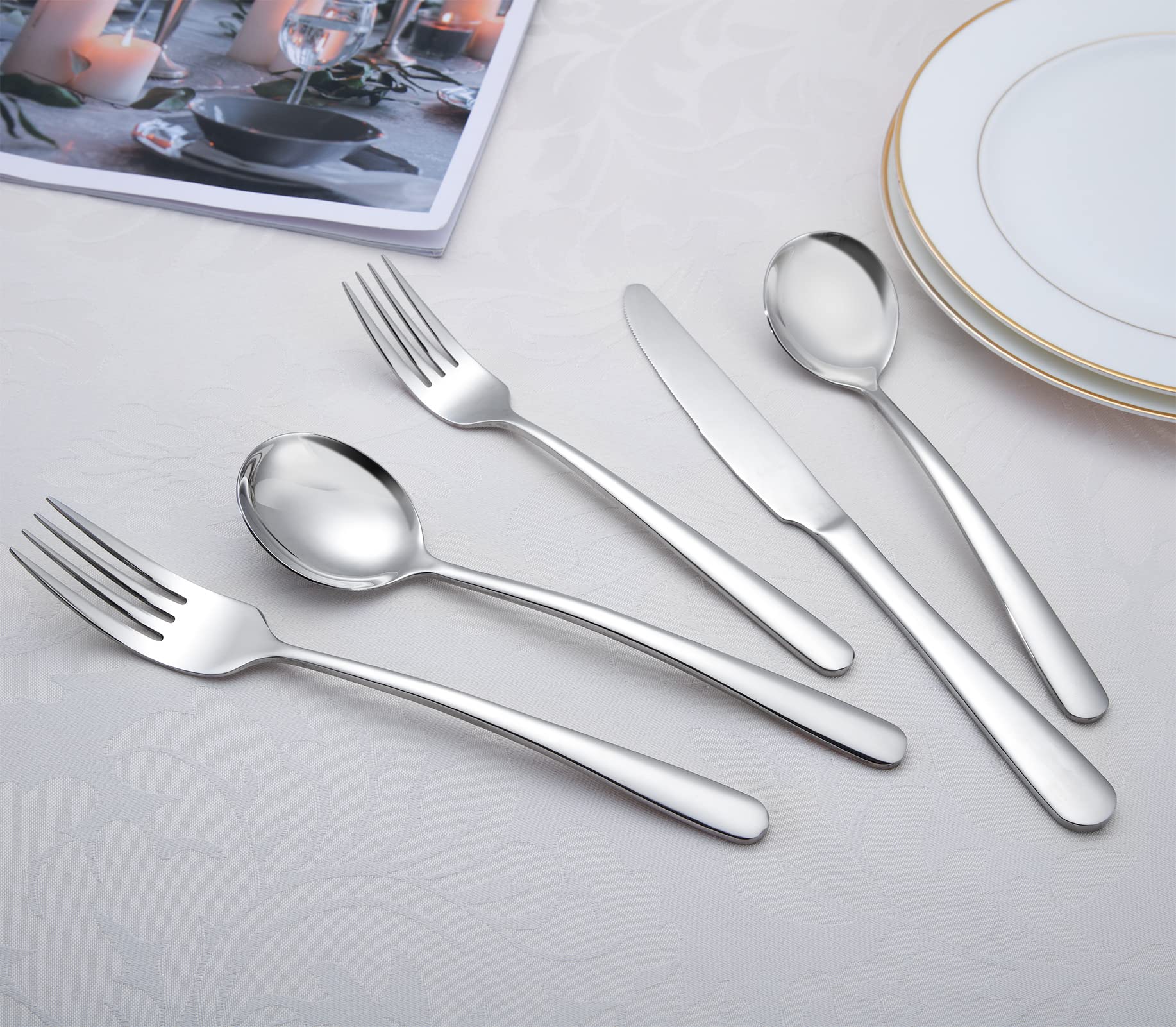 Garvee Set Posate Acciaio Inox 30 pièces pour 6 personnes, ensemble de couverts en acier inoxydable, design élégant, robuste, cuisine et table, argent