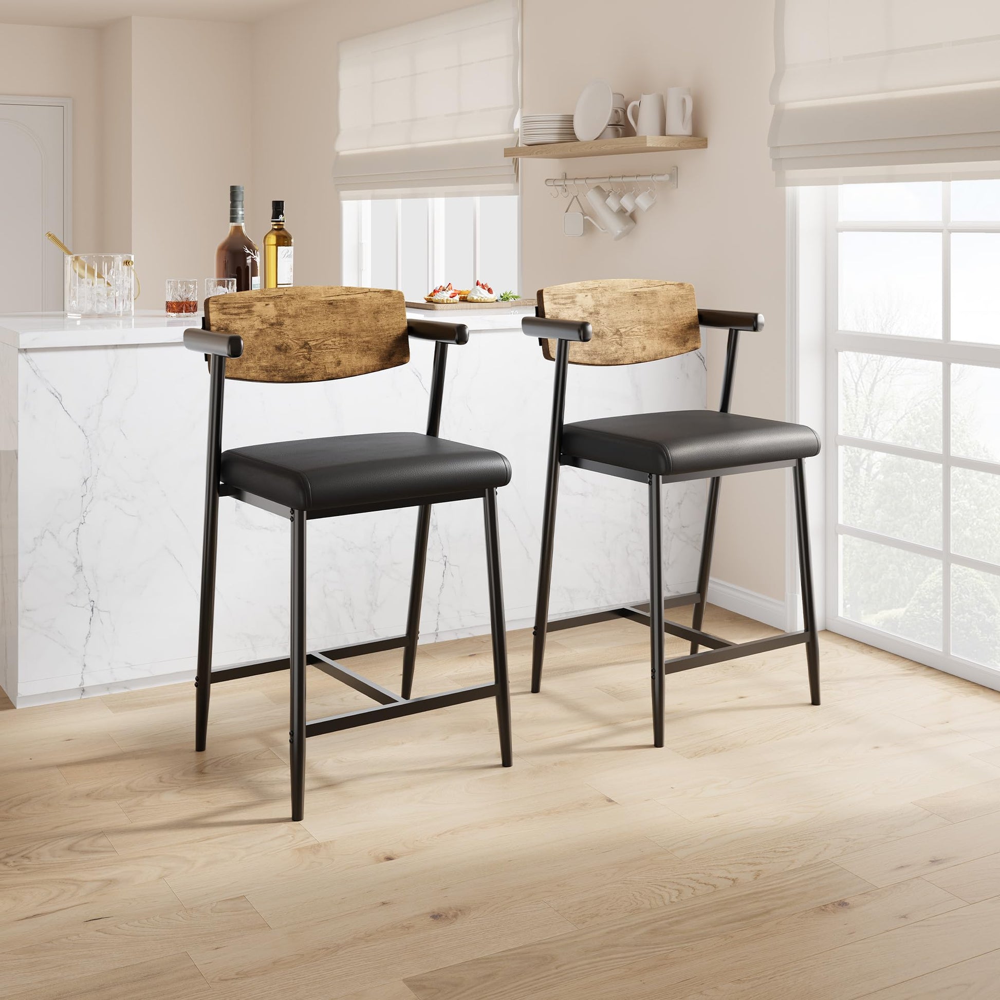 Garvee Tabourets de bar vintage avec dossier et accoudoirs, assise rembourrée, structure métallique robuste, pour cuisine, îlot central et bar