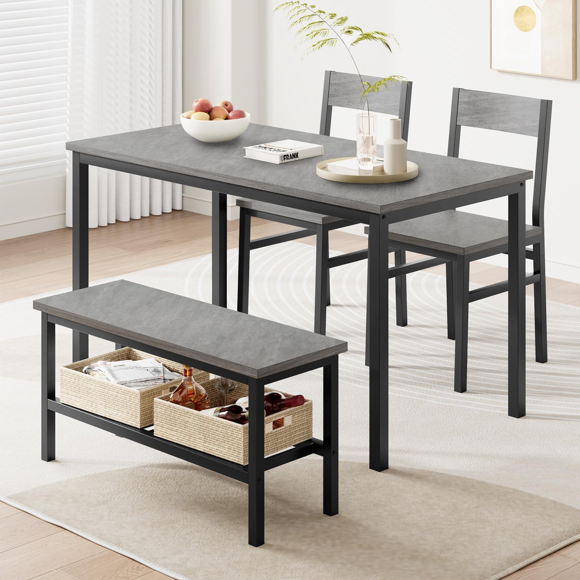 Ensemble de salle à manger Garvee pour 4 personnes avec banc, rangement, structure robuste en MDF et acier, gain de place, polyvalent, gris, idéal pour les petits appartements