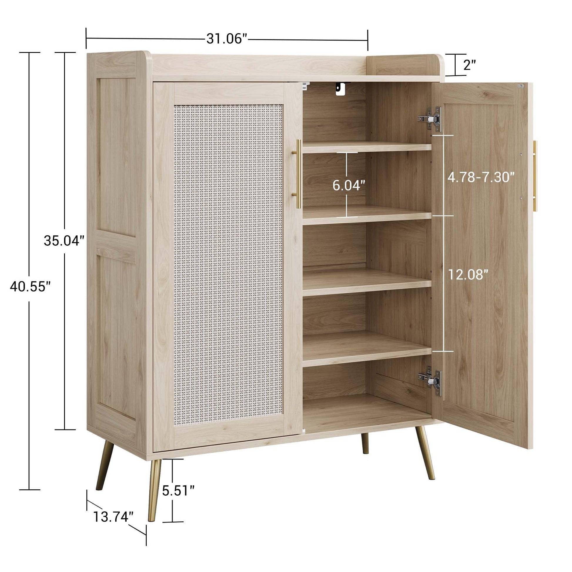 Meuble à chaussures Garvee en rotin, 5 niveaux avec portes, étagères réglables, pieds en métal, chêne, robuste, pour entrée et salon