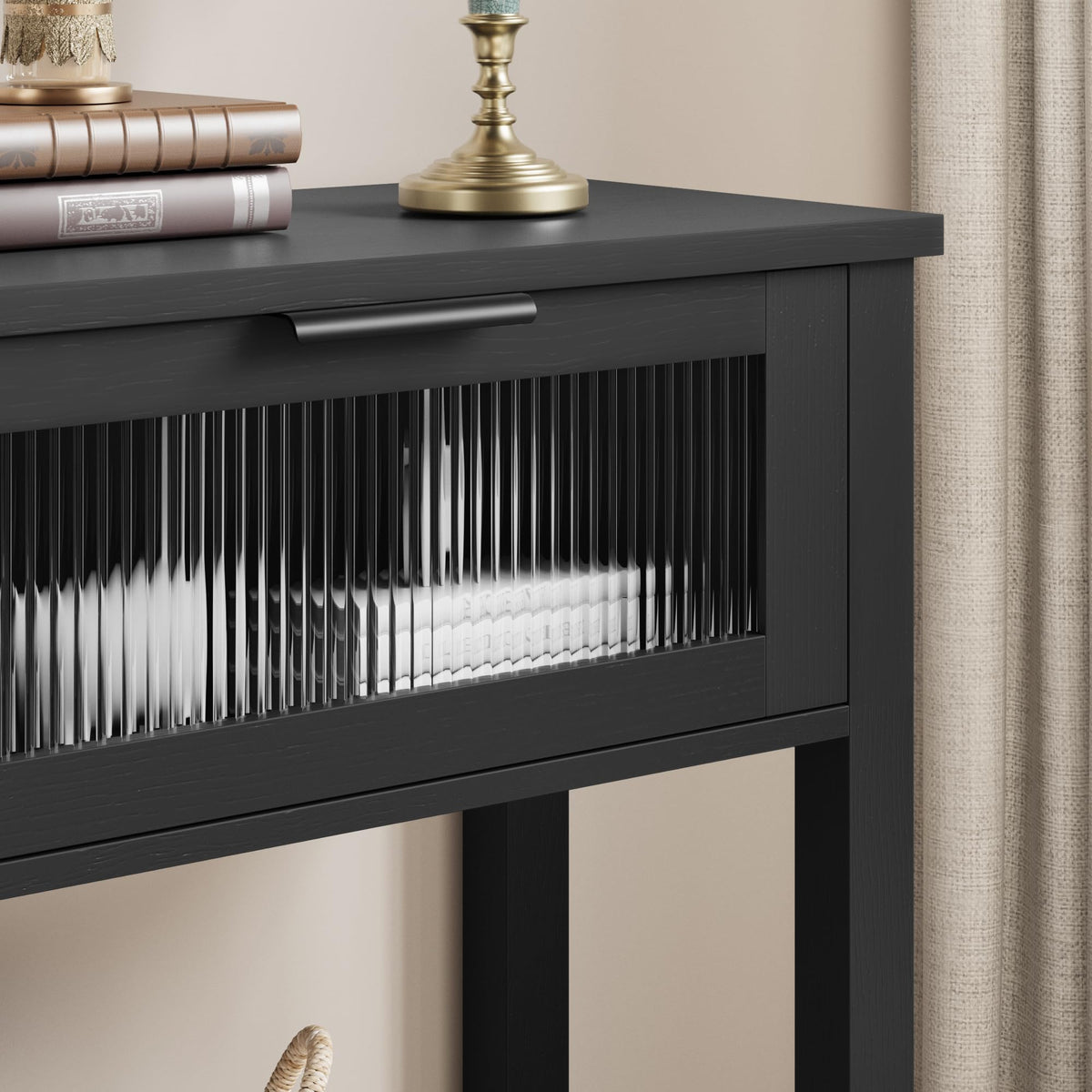 Garvee Console en MDF Noir avec 2 Tiroirs à Façades en Verre, L. 110 × P. 30 × H. 80 cm, Meuble de Rangement pour Salon et Entrée
