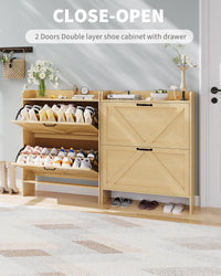 Rangement à chaussures Garvee avec 2 tiroirs pliables, marron rustique, pour entrée et couloir, durable, gain de place, en bois