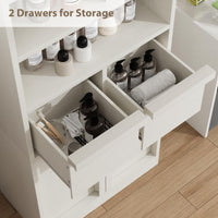 Meuble de salle de bain Garvee grand format avec portes et 2 tiroirs, MDF, blanc, autoportant, imperméable, résistant aux rayures, 130 cm de hauteur, polyvalent pour salle de bain et salon