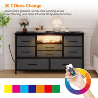 Garvee Meuble TV à 8 tiroirs en tissu avec prises LED pour chambre ou salon, compatible TV 140 cm, MDF beige