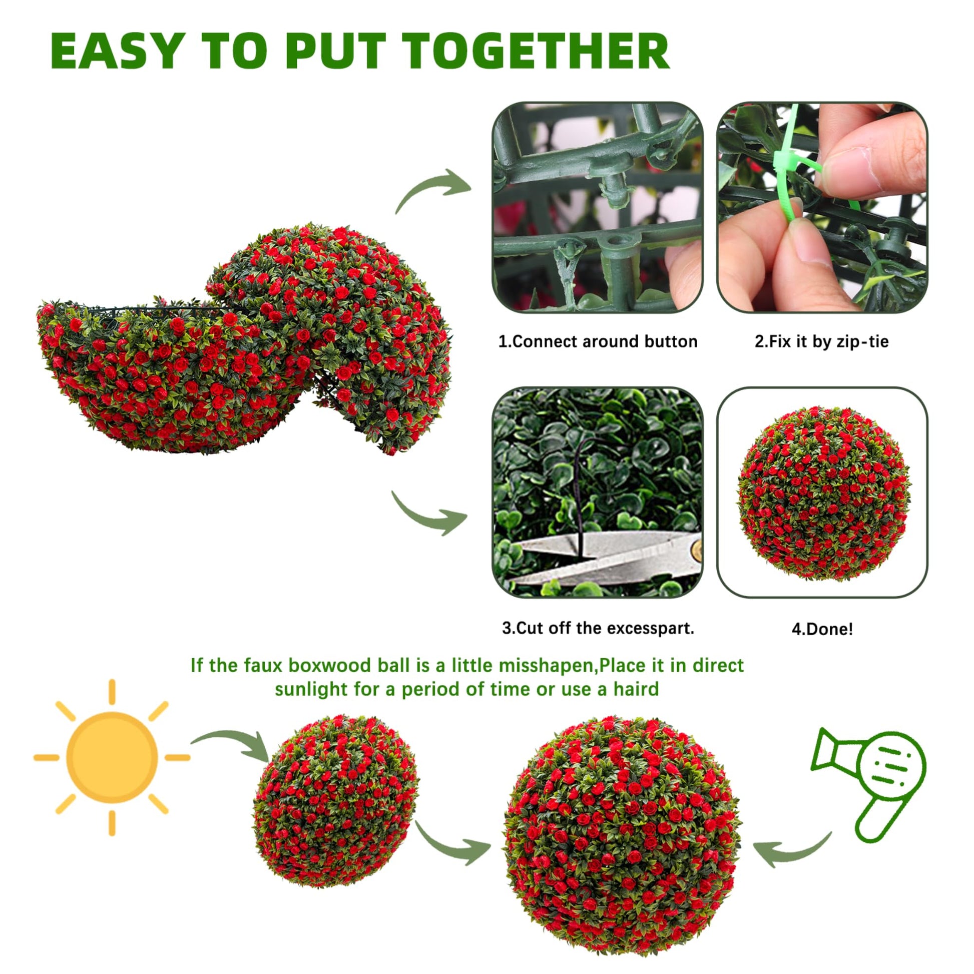 Garvee Lot de 2 Boules de Buis Artificielles 45 cm avec Fleurs, PE Résistant aux UV, pour Mariage et Balcon, Vert Rouge Blanc
