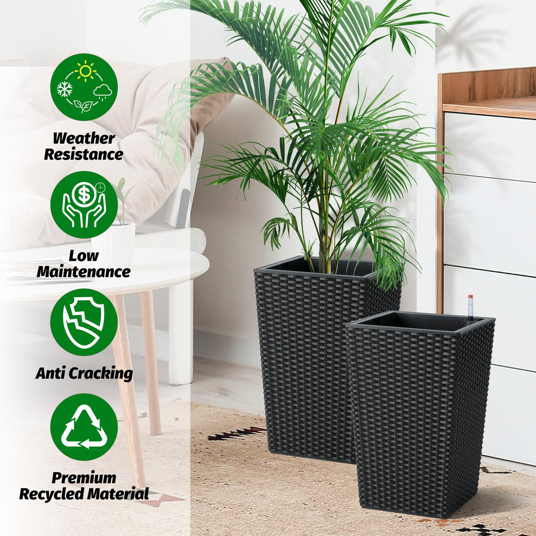 Garvee Ensemble de jardinières 40 cm en rotin avec indicateur de niveau d'eau et roulettes, blanc résistant aux intempéries, déco pour terrasse et salon