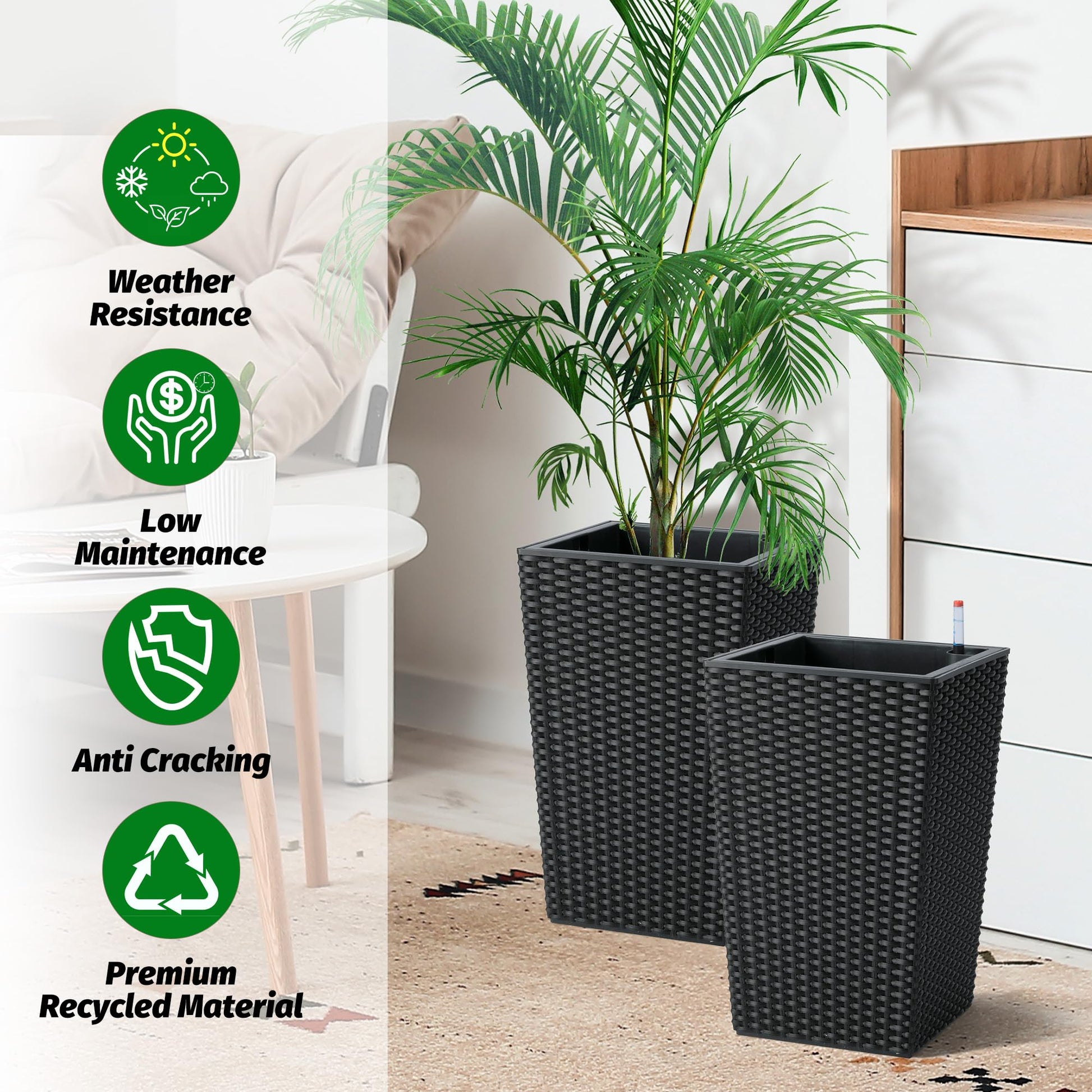 Garvee Ensemble de jardinières 40 cm en rotin avec indicateur de niveau d'eau et roulettes, blanc résistant aux intempéries, déco pour terrasse et salon