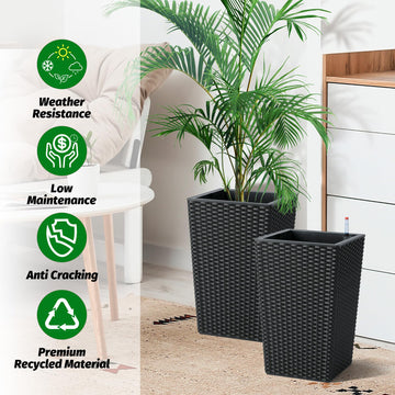 Garvee Ensemble de jardinières 40 cm en rotin avec indicateur de niveau d'eau et roulettes, blanc résistant aux intempéries, déco pour terrasse et salon