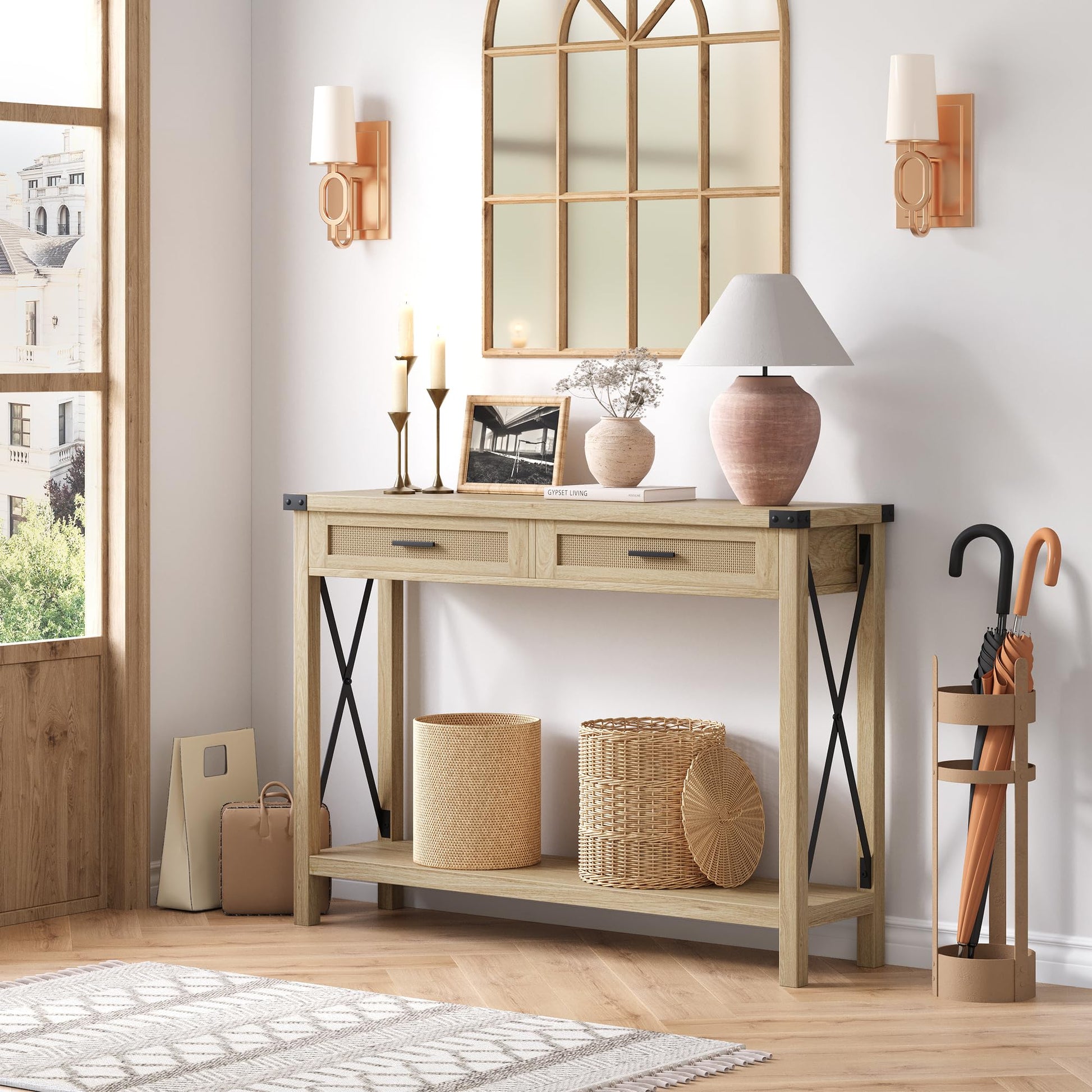 Console Garvee style ferme avec tiroirs en rotin, 109 cm, style rustique, idéale pour un couloir ou un salon.