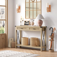 Console Garvee style ferme avec tiroirs en rotin, 109 cm, style rustique, idéale pour un couloir ou un salon.