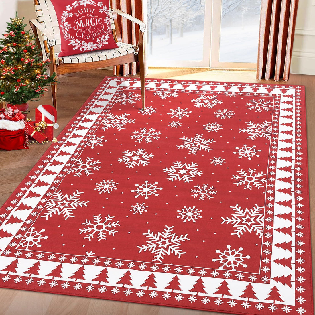 Tapis de Noël Garvee rouge 120x170 cm avec flocons de neige et sapin de Noël pour salon et chambre, lavable, antidérapant en TPR, à poils courts