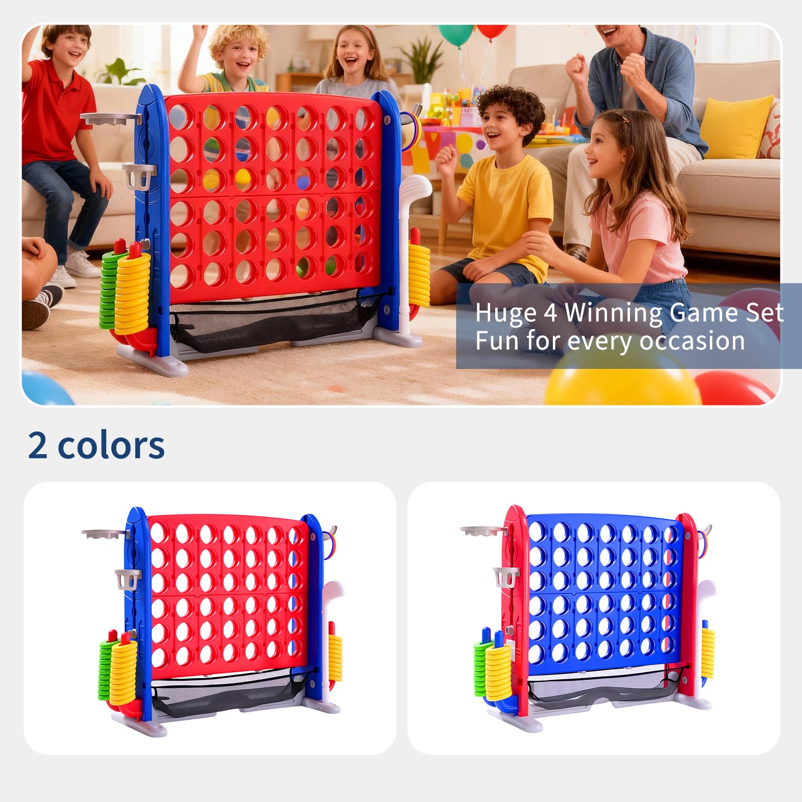 Jeu géant 4 en 1 Garvee Puissance 4 avec panier de basket et jeu d'anneaux pour le jardin et les fêtes de famille, hauteur réglable, robuste en PE/PP, portable
