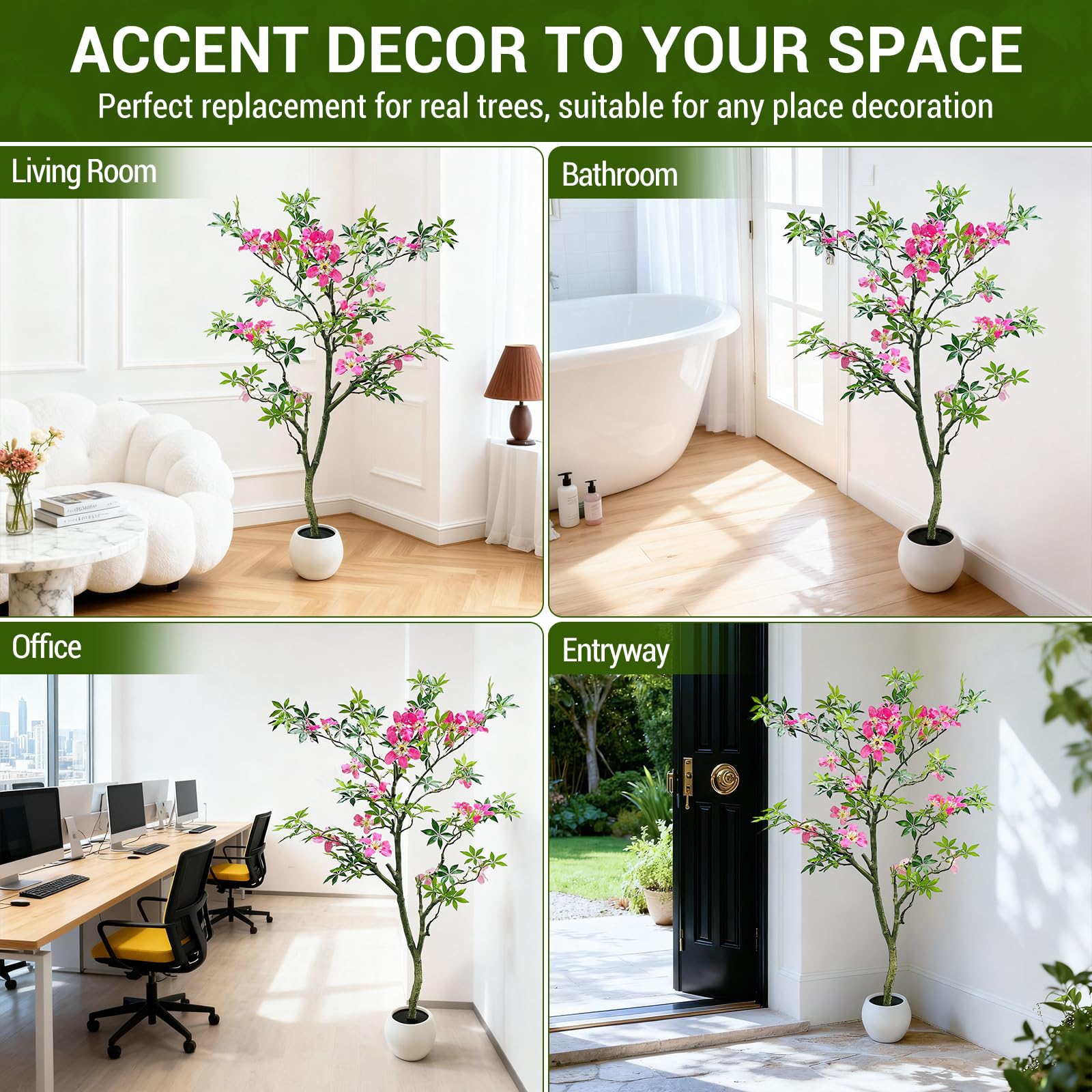Arbre artificiel Garvee de 120 cm avec feuilles et fleurs réalistes pour salon et bureau, tronc détachable, entretien facile, tissu de soie de haute qualité, vert