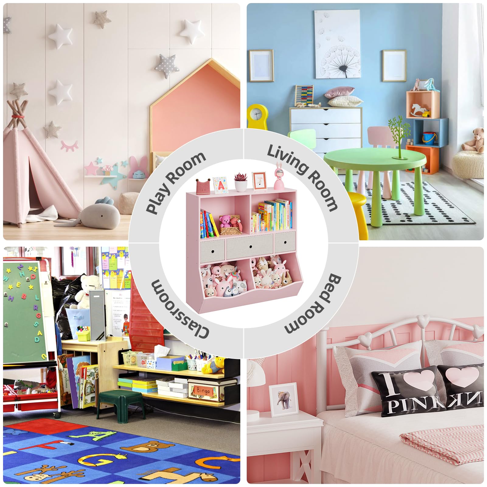 Organisateur de jouets pour enfants Garvee à 7 compartiments et 3 tiroirs, idéal pour la salle de jeux et le couloir, en bois rose, robuste et écologique.