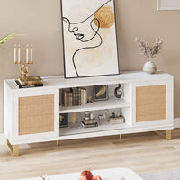 Garvee Meuble TV en rotin blanc moderne 168 cm avec rangement, portes en rotin, pieds dorés pour salon et chambre