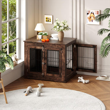 Garvee Cage pour chien style farmhouse taille moyenne, meuble d’appoint en bois robuste avec doubles portes, niche intérieure anti-mordillage pour petit/moyen chien, salon