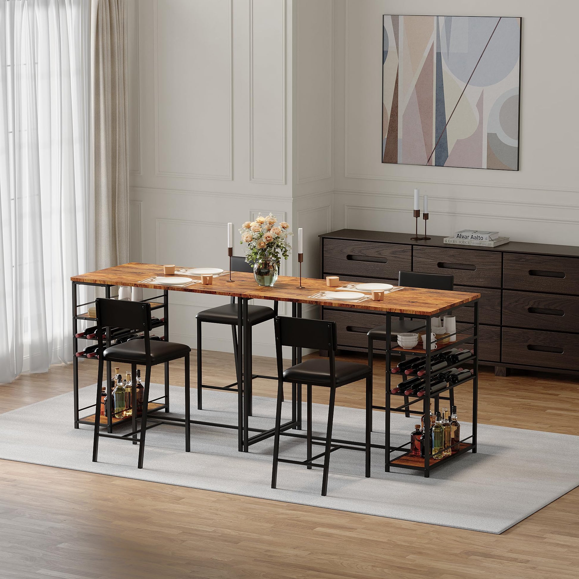 Table de salle à manger Garvee pour 2 personnes avec 4 compartiments de rangement, porte-gobelet et casier à vin, structure robuste en acier, design rustique en bois, idéale pour les petits espaces, compacte, marron