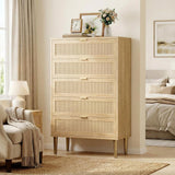 Garvee Commode en Rotin 5 Tiroirs Avec Poignées Dorées Pour Chambre Salon 80 x 39,5 x 112 cm Bois Épais Moderne - Naturel