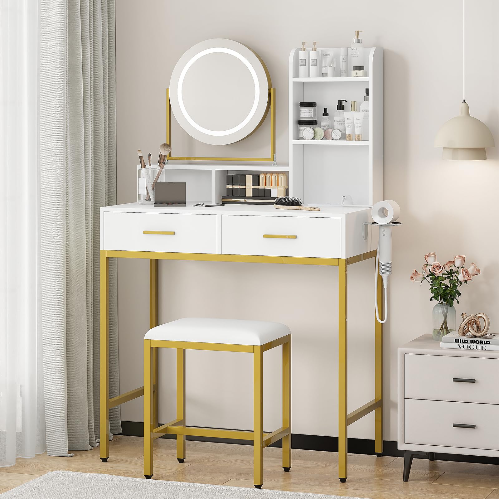 Meuble de coiffure moderne Garvee avec miroir pivotant à 360°, ports USB, 2 tiroirs, bois, tabouret confortable pour chambre et dressing, noir et blanc