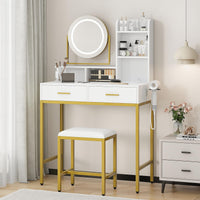 Meuble de coiffure moderne Garvee avec miroir pivotant à 360°, ports USB, 2 tiroirs, bois, tabouret confortable pour chambre et dressing, noir et blanc
