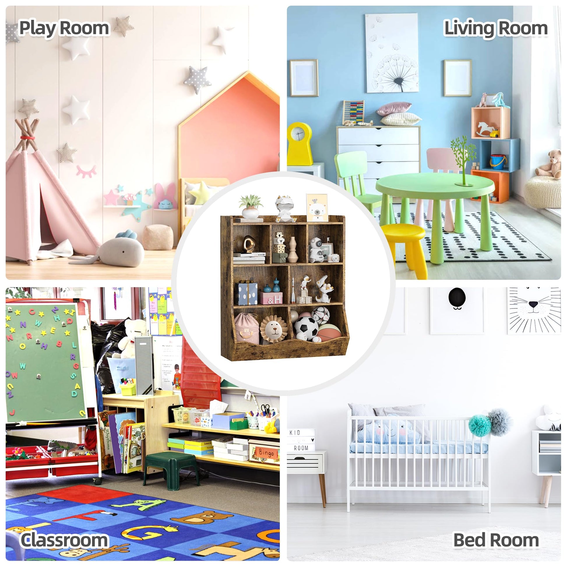 Armoire à jouets Garvee marron rustique à 3 étagères, protection anti-basculement pour chambres d'enfants et salles de jeux, en bois robuste et sécurisée pour les enfants.