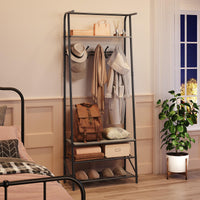 Garvee banc d'entrée multifonctionnel 4 en 1, Avec 5 crochets, un porte-chaussures et une structure métallique aspect bois pour l'entrée et le salon