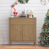 Buffet Garvee avec rangement, style campagne moderne, 2 portes, étagère réglable, MDF P2, poignées dorées, salon, cuisine, 87 cm L x 90 cm H, couleur bois