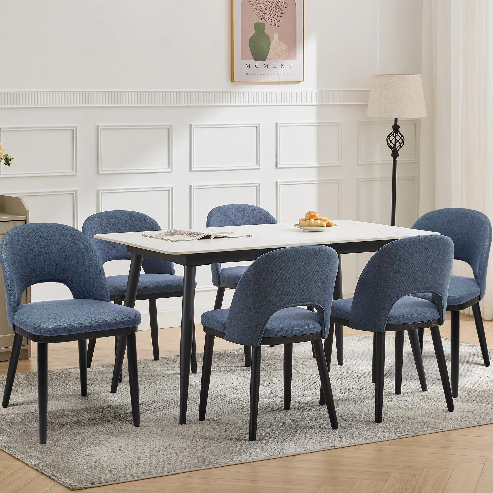 Ensemble de 2 chaises de salle à manger rembourrées Garvee - Tissu moderne, dossier haut, assise profonde - Structure en bois, bleu, style café-cuisine