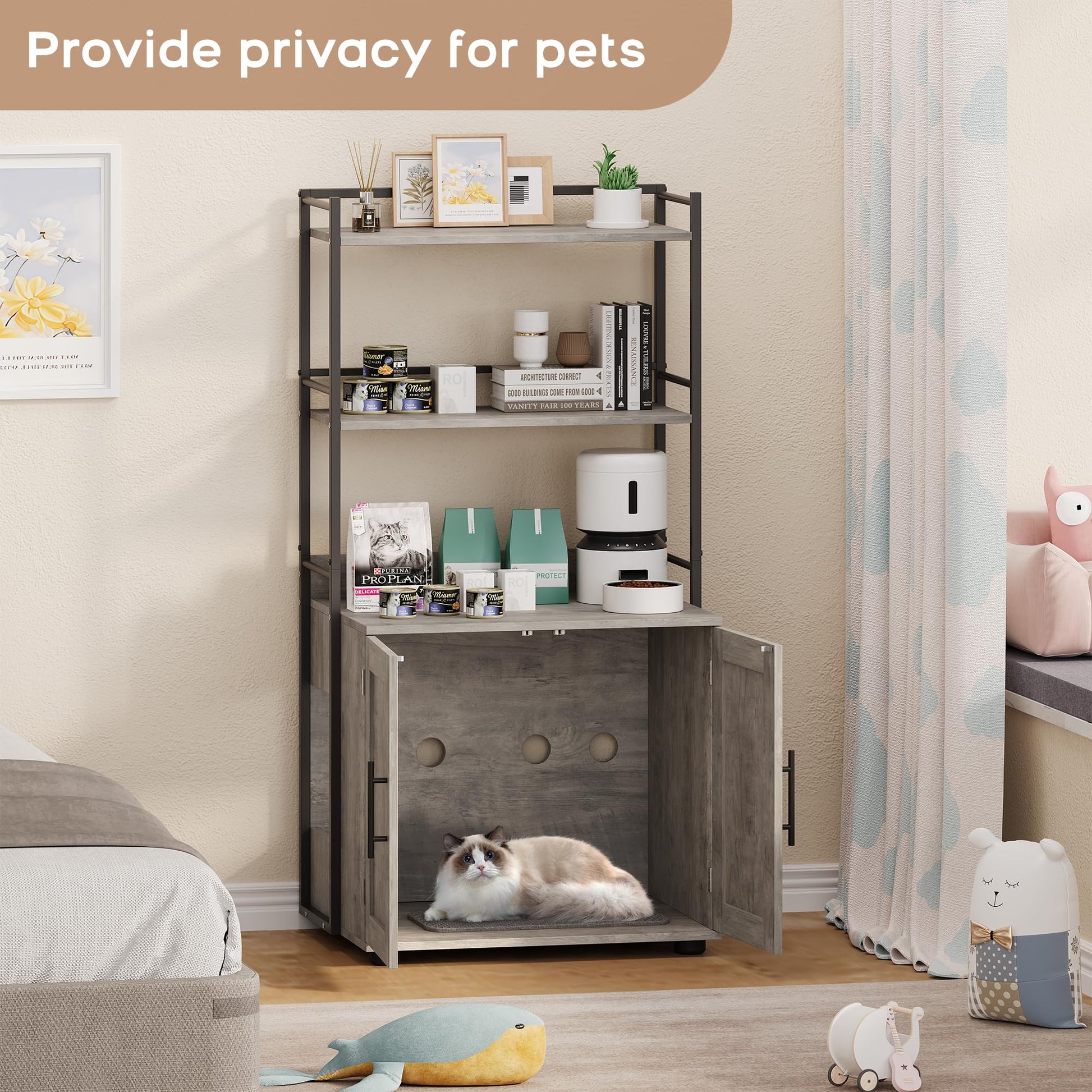 Meuble pour litière Garvee avec étagères de rangement, meuble 2 en 1 pour chat, MDF et fer, gris, pour usage intérieur, 3 étagères, robuste et sans odeur