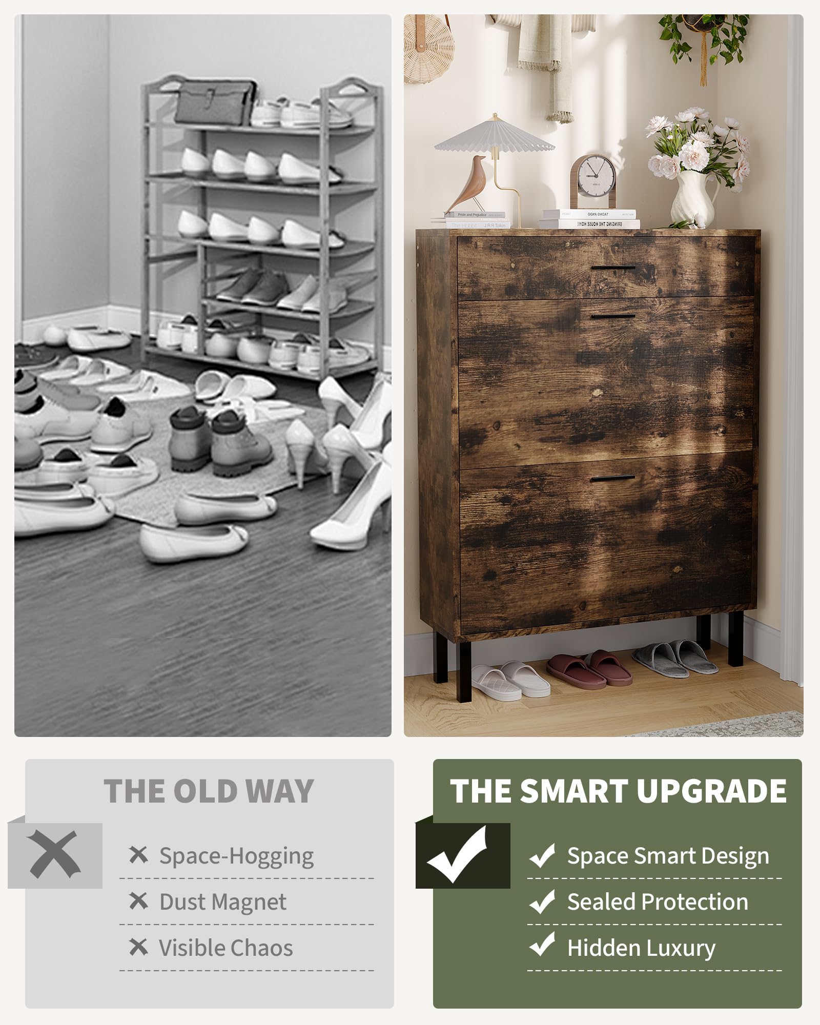 Meuble à chaussures étroit en bois Garvee avec 3 tiroirs, anti-basculement, pour entrée et couloir, multicolore