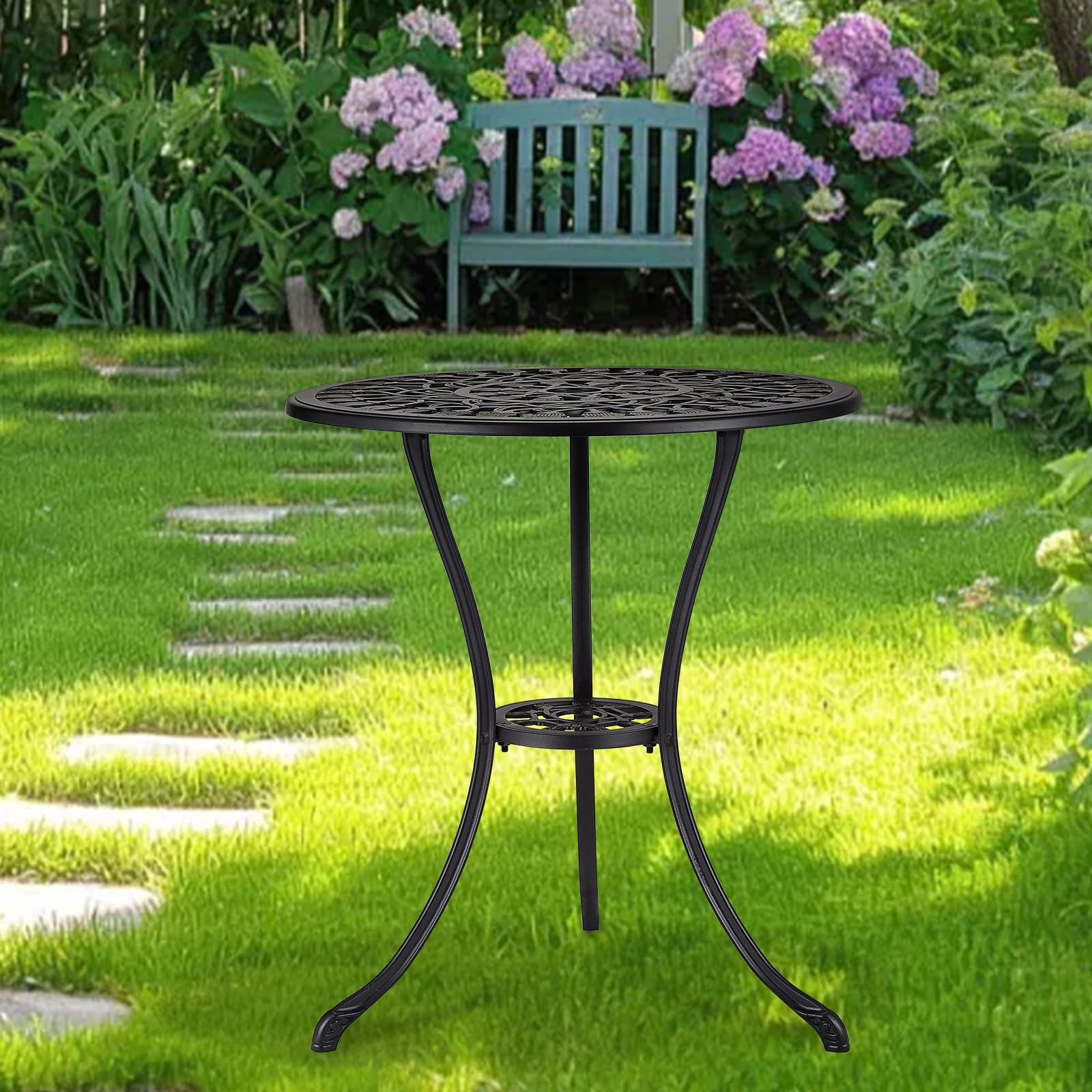Table bistro d'extérieur ronde Garvee 61 cm (24 po) en fonte avec trou pour parasol de 5 cm (2 po) pour balcon et jardin, noire