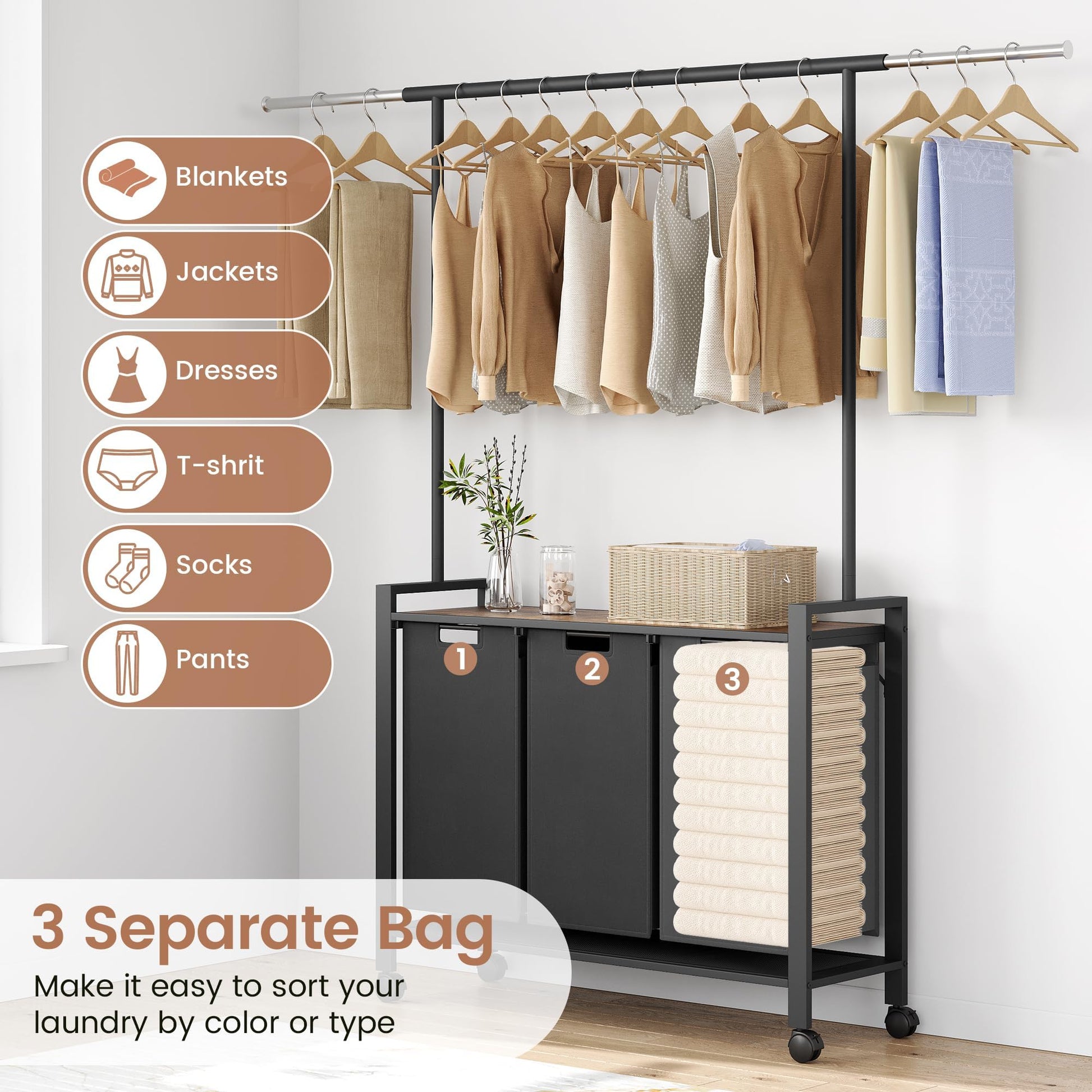 Trieur à linge Garvee avec roulettes et barre de suspension, panier à linge à 3 compartiments, tissu Oxford, marron rustique, pour buanderie