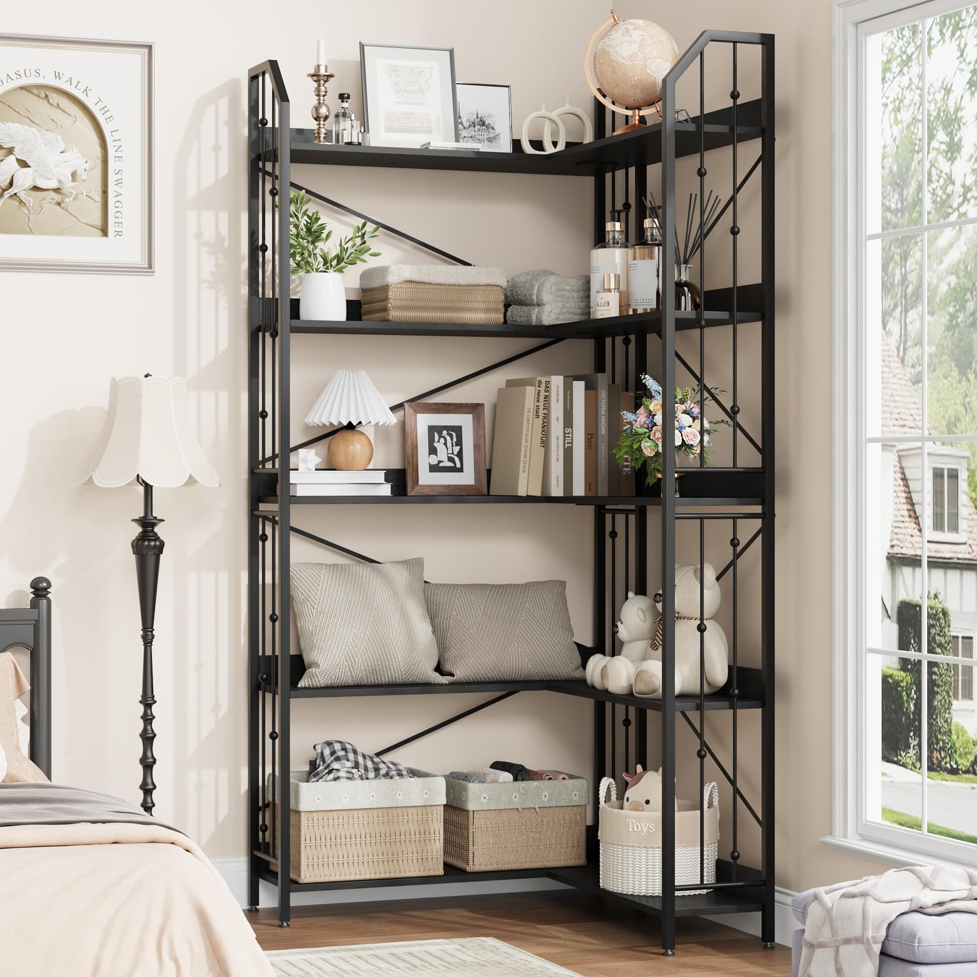Étagère d'angle Garvee 183 cm (72 po) en forme de L, style industriel, en métal et MDF, pour salon et chambre, robuste, anti-basculement, 5 niveaux, noire