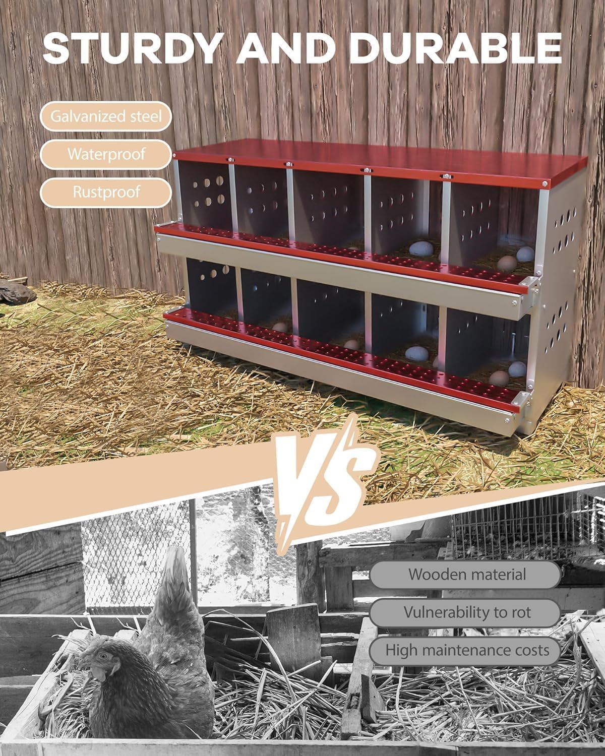 Garvee Pondoir à poules rouge en métal, 10 compartiments avec 10 œufs factices, ventilation et structure antirouille, pour poulailler