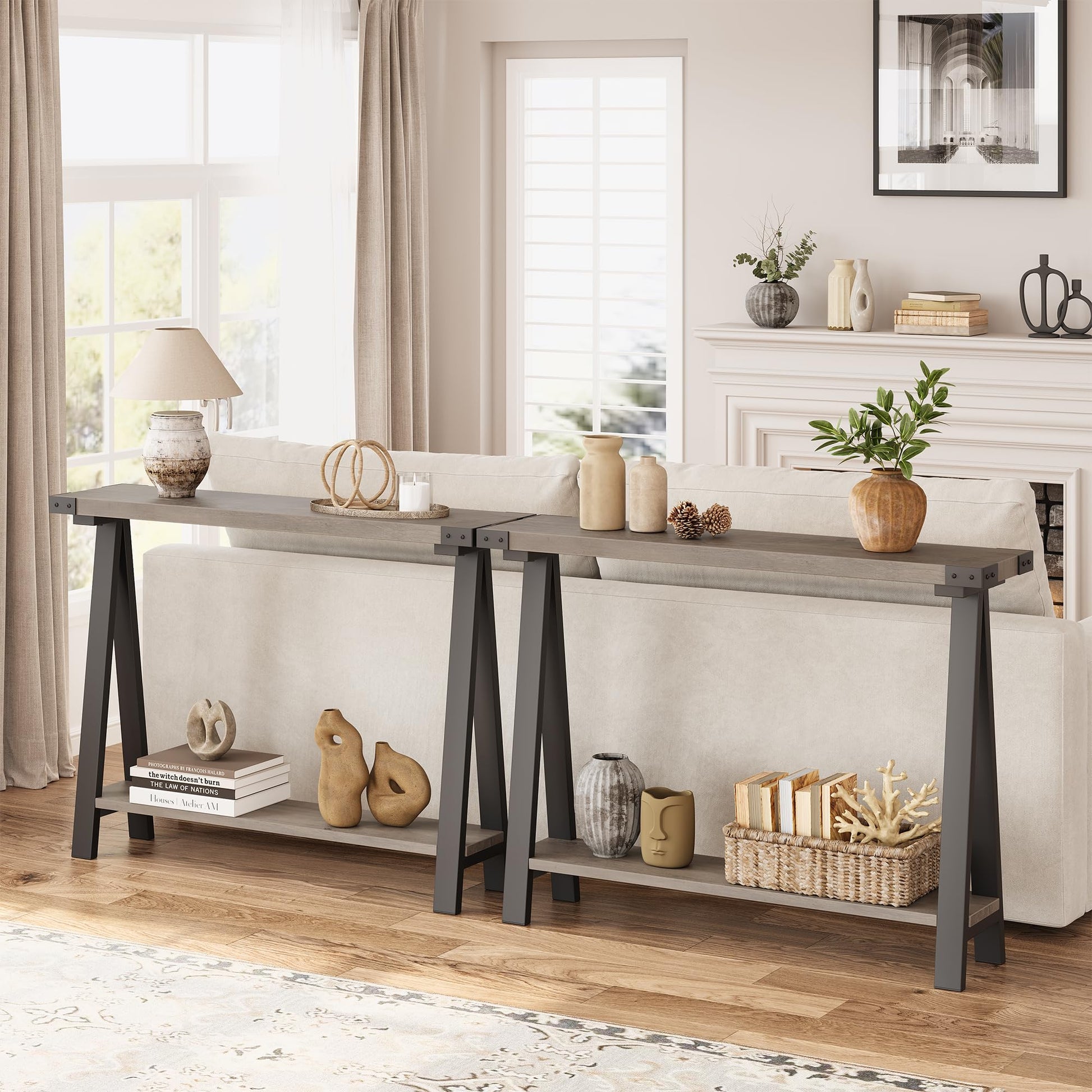Console Garvee pour entrée avec rangement à 2 niveaux, étroite (110 x 21 x 80 cm), bois et métal, pieds en forme de R, idéale pour le salon et l'entrée, montage facile.
