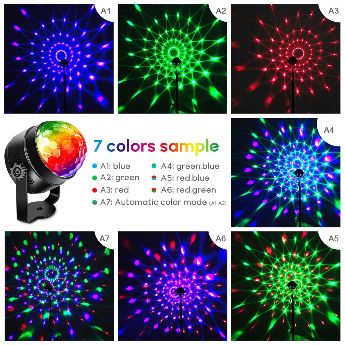 Garvee Boule disco LED RGB avec 7 couleurs, activation sonore, rotation à 360°, câble USB de 4 m pour fêtes, anniversaires, bars, mariages, Noël, 2