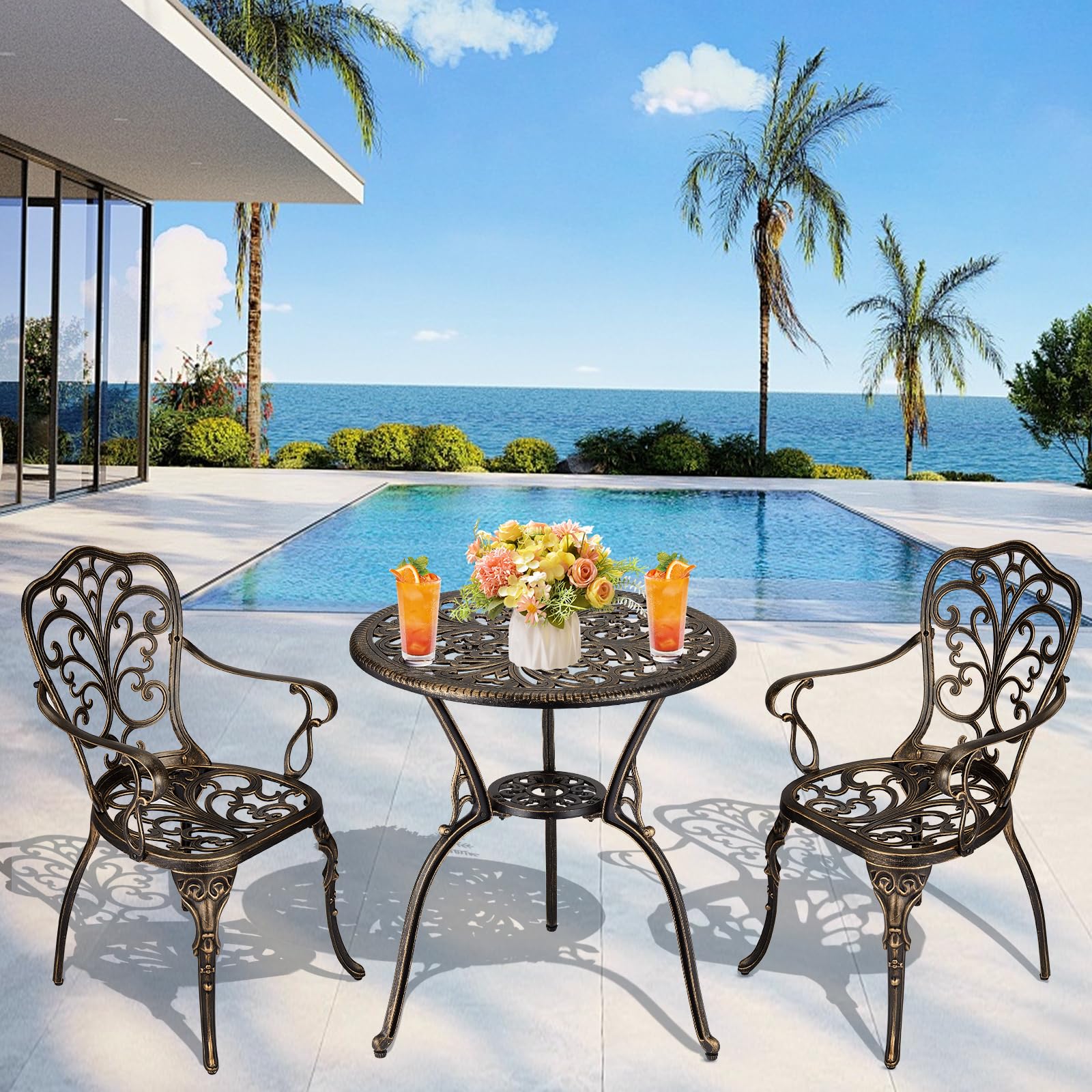 Ensemble de jardin 3 pièces Garvee en aluminium moulé avec trou pour parasol, idéal pour le jardin, le balcon et la terrasse. Finition laiton rétro, robuste et élégant.